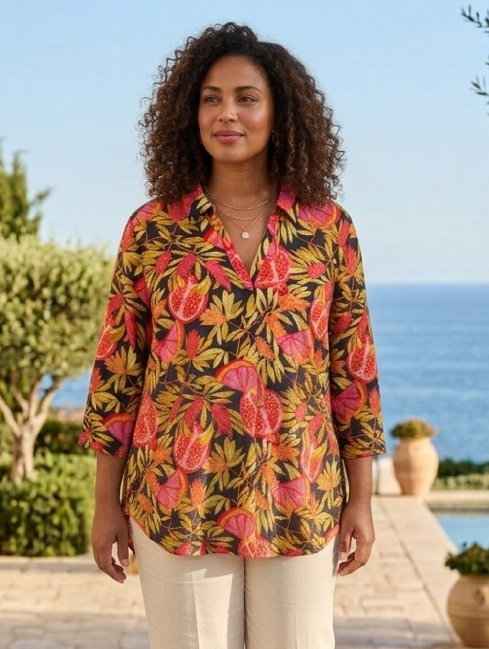 NWOT C&C California 2X Tropical Leaf Fruit Popover Linen Tunic Lagenlook Coastal
